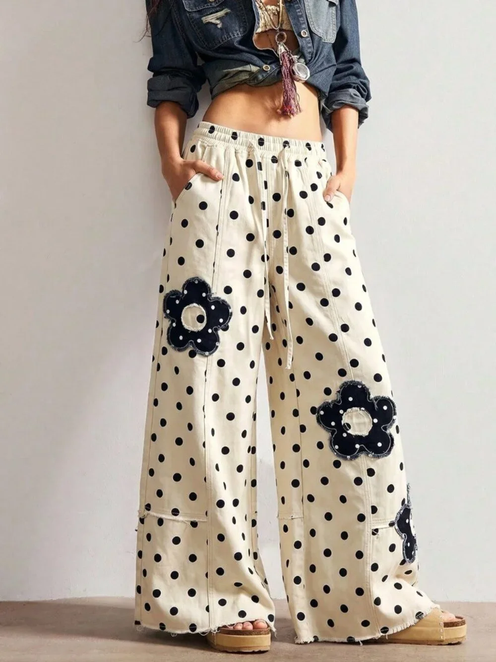 Multicolor Casual Boho Women's Polka Dot Patchwork Loose Wide Leg Pants